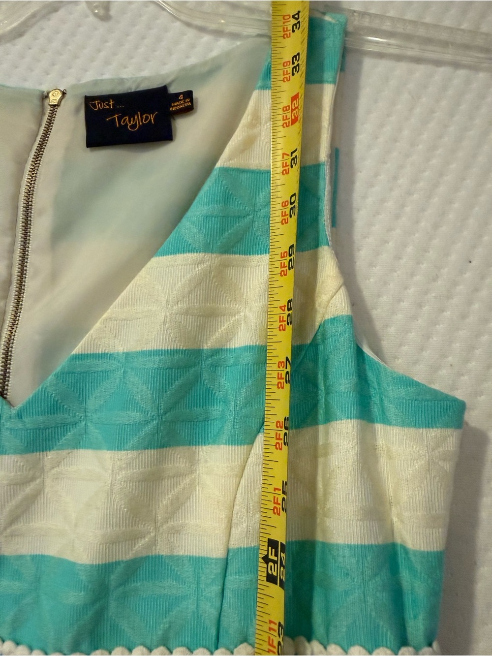 Sleeveless Striped V-neck Sheath Dress with lace in Aqua and White size 4 - Picture 5 of 6